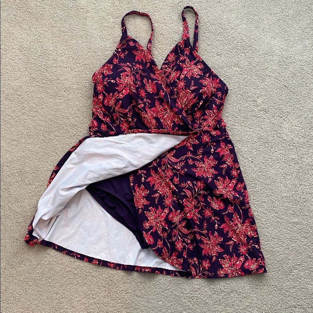 Lands End Skirted Slimming Swimsuit. One Piece large swimdress with Shelf Bra.